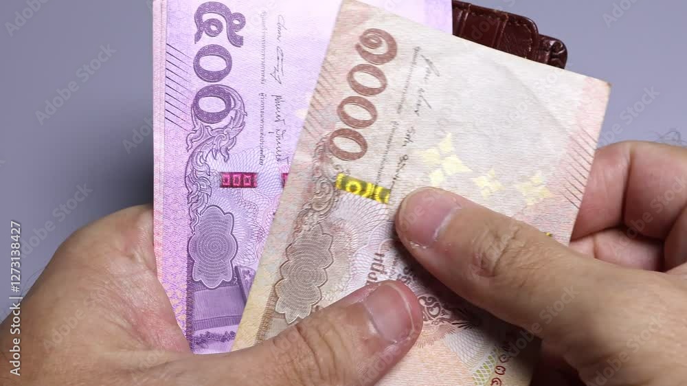 Closeup view of man's hands and wallet with thai baht banknotes.  Concept of saving money for retirement, cash settlement, financial success, literacy and income planning in Thailand.