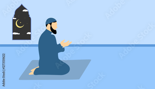 Muslim man praying on mate in the night, man with beard making dua in the masjid illustration 