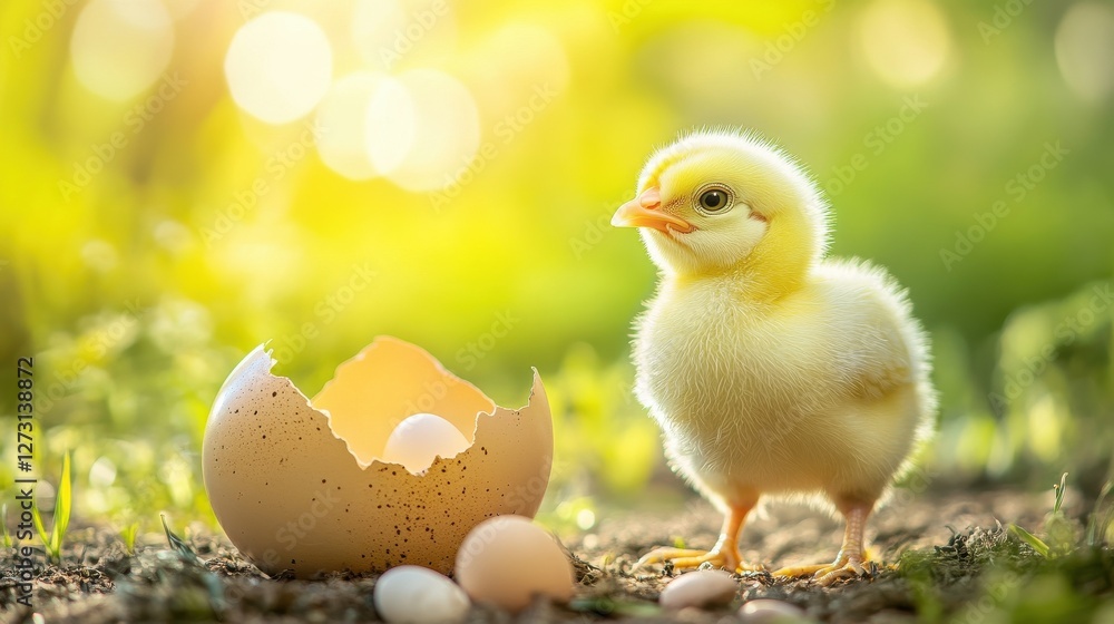 Yellow Easter chicken with broken eggshell and fresh egg in background, chicken or the egg, Easter decoration Yellow Easter chicken with broken eggshell and fresh egg in background, chicken or the egg, Easter decoration