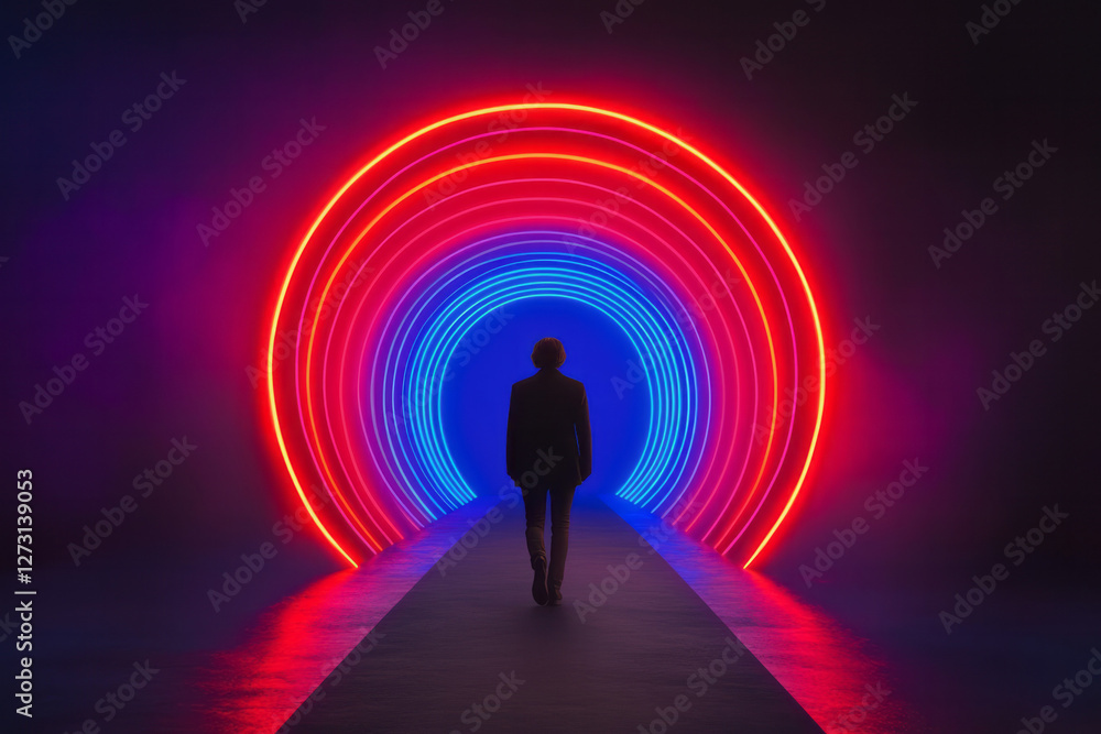 Contemporary silhouette of a person walking through a tunnel of dynamic neon lights, symbolizing Contemporary silhouette of a person walking through a tunnel of dynamic neon lights, symbolizing