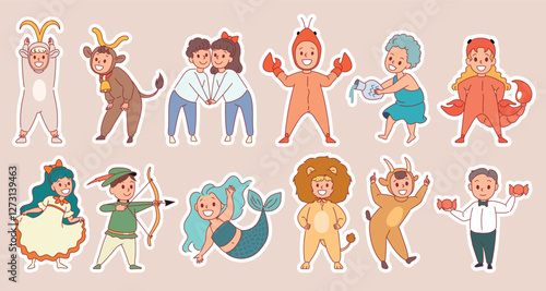 Children zodiac signs. Cute kids horoscope, funny astrology for babies, little aries, taurus, gemini, cancer, leo and virgo, astrological costumes cartoon flat isolated drawing vector set