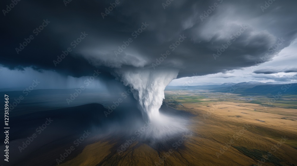 Dramatic thundercloud unleashes torrential rain over a pristine valley, contrasting darkness with untouched land Dramatic thundercloud unleashes torrential rain over a pristine valley, contrasting darkness with untouched land