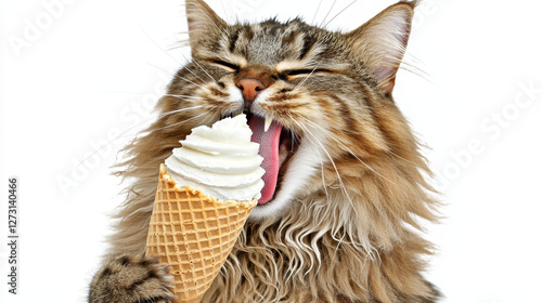 Fluffy cat joyfully devouring a soft-serve ice cream cone photo