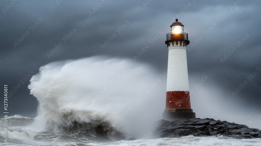 Lighthouse stands resilient against fierce storm, guiding ships through torrential rain and crashing waves in dramatic seascape Lighthouse stands resilient against fierce storm, guiding ships through torrential rain and crashing waves in dramatic seascape