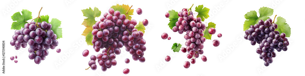 Fototapeta premium Purple grape clusters and leaves flying mid-air, isolate on white background. Mix collection cutout png.