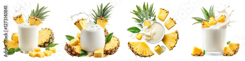 Circular creamy milk or yoghurt splash with pineapple chunks and leaves, isolate on white background. Mix collection cutout png. photo