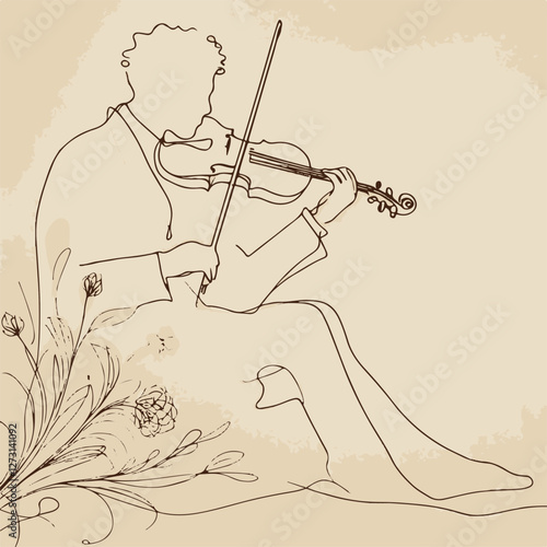 Violinist Performing with Graceful Elegance Against Floral Minimalist Background
