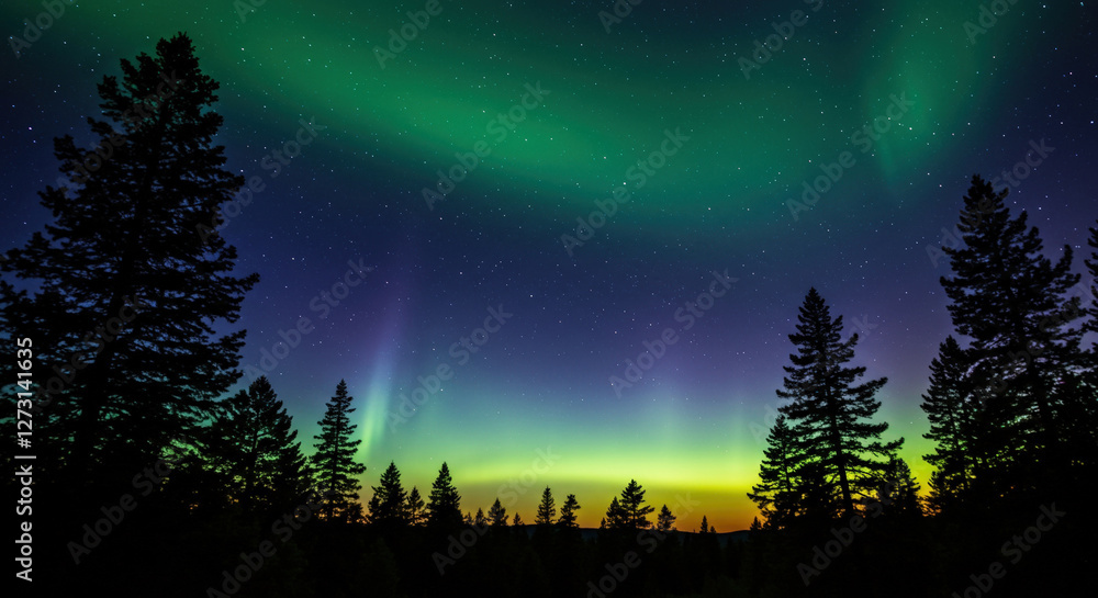 Mesmerizing Aurora Borealis Dancing Above Silhouetted Pine Forest Mesmerizing Aurora Borealis Dancing Above Silhouetted Pine Forest