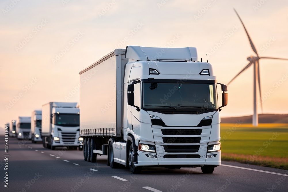 Cargo truck driving on a highway surrounded by lush green forests. A representation of sustainable logistics, eco-friendly transportation, and modern supply chain solutions Cargo truck driving on a highway surrounded by lush green forests. A representation of sustainable logistics, eco-friendly transportation, and modern supply chain solutions