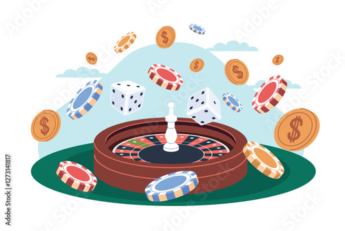 Casino concept. Roulette wheel and flying chips with poker symbol, golden coins falling. Gambling equipment. Fortune and lucky game, winning money. Cartoon flat isolated vector concept