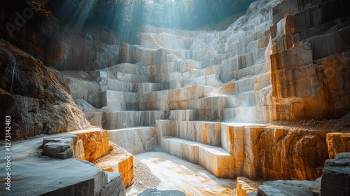 Quarry interior, sunlight shafts, stone blocks, mining activity photo