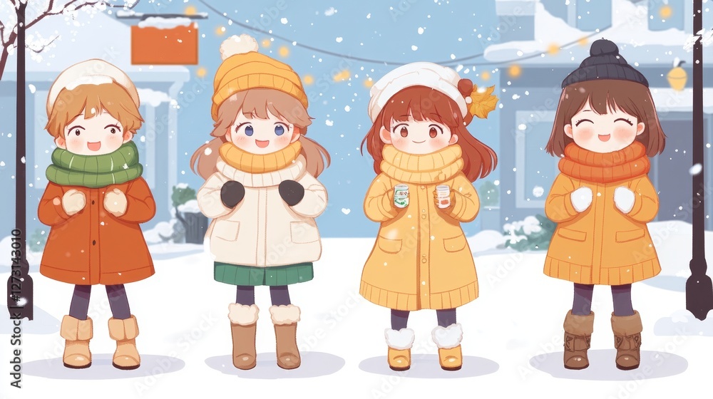 Charming winter scene featuring cute girls in cozy outfits, layered with accessories, in a snowy street adorned with twinkling lights. Charming winter scene featuring cute girls in cozy outfits, layered with accessories, in a snowy street adorned with twinkling lights.
