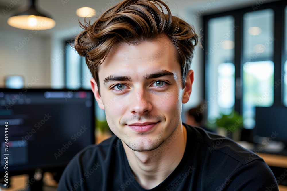 Fototapeta premium Portrait of a Young Man with Wavy Brown Hair Smiling in Modern Office Setting