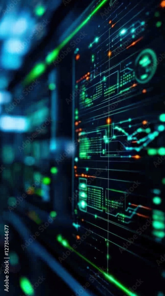 Futuristic Digital Data Interface Featuring Neon Lights and Complex Data Visualization