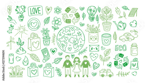 Eco doodle set with earth, recycling, plants, people, hearts, green, sustainability, outline illustration