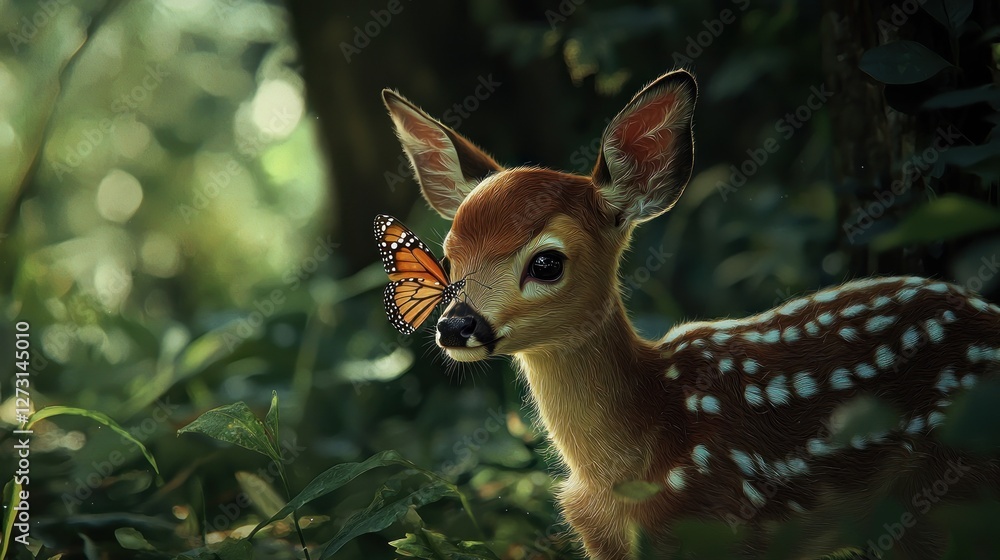 A Serene Encounter: Fawn and Butterfly in the Forest A Serene Encounter: Fawn and Butterfly in the Forest
