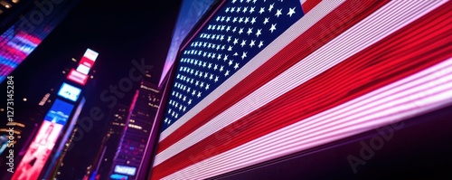American Flag Displayed on Times Square Building at Night in New York City Lights and Vibrant Colors