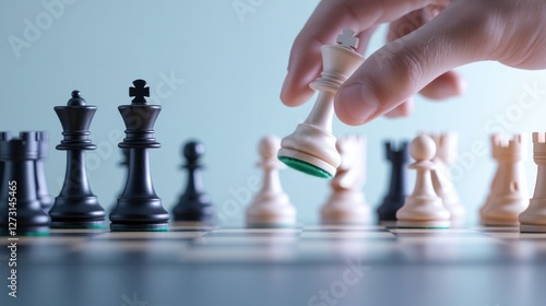 Strategic hand moves pawn on chessboard, highlighting intense ga