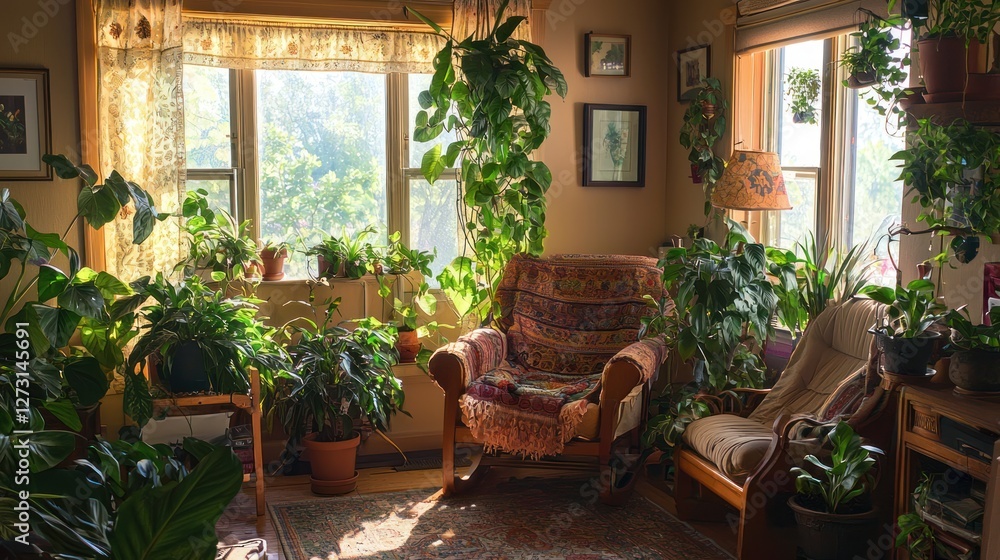 Fototapeta premium A cozy living room decorated with a variety of houseplants