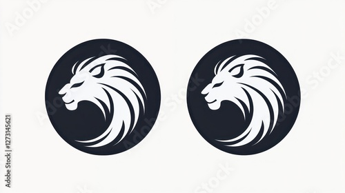 Two stylized lion head logos, profile view, white on black circles, design elements