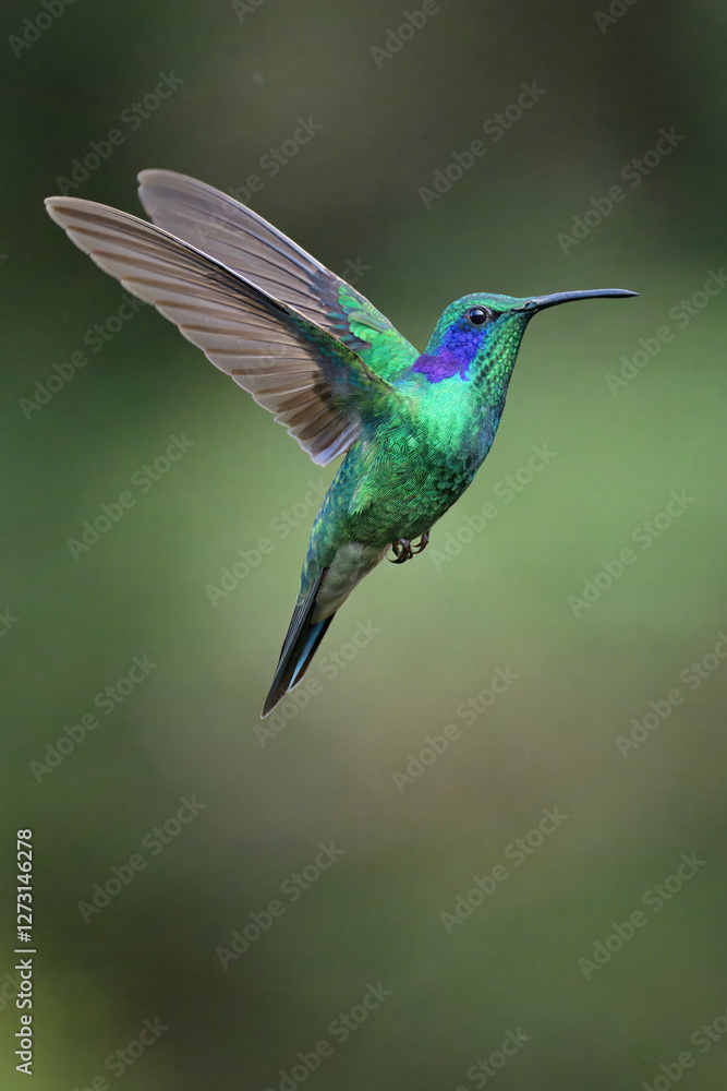 Fototapeta premium Flying Lesser violet-ear Hummingbird (Colibri cyanotus), Costa Rica