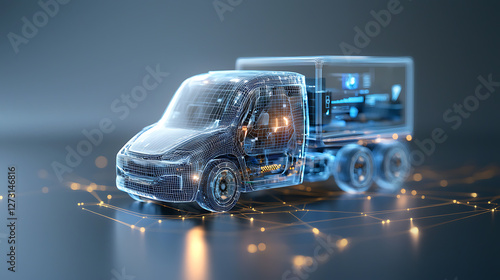 Autonomous future truck with blue luminous wireframe digital realm 3d render technological innovation futuristic design