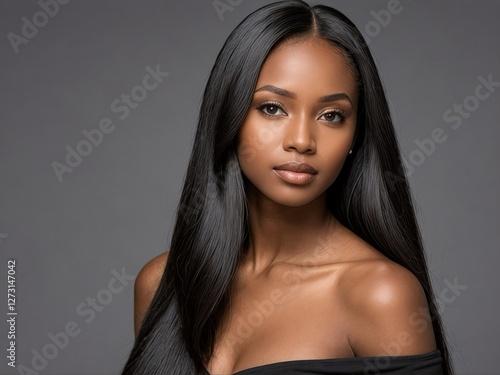 Graceful young woman with long, silky black hair, wearing an off-shoulder outfit. Minimalist gray background. Ideal for luxury beauty, self-care, and fashion themes.