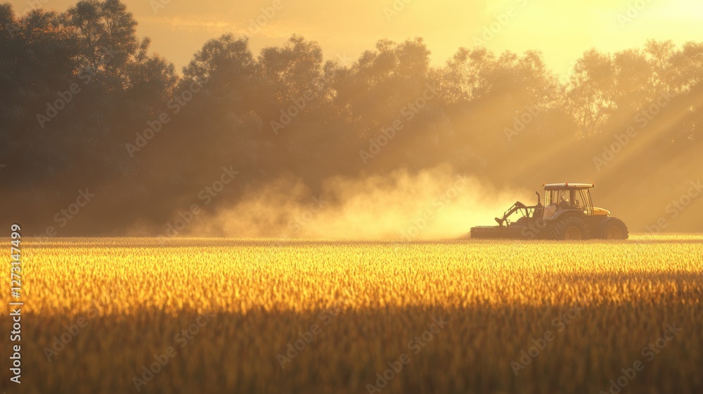 Obraz premium Tractor working fields at sunrise high fidelity wide angle agricultural landscape