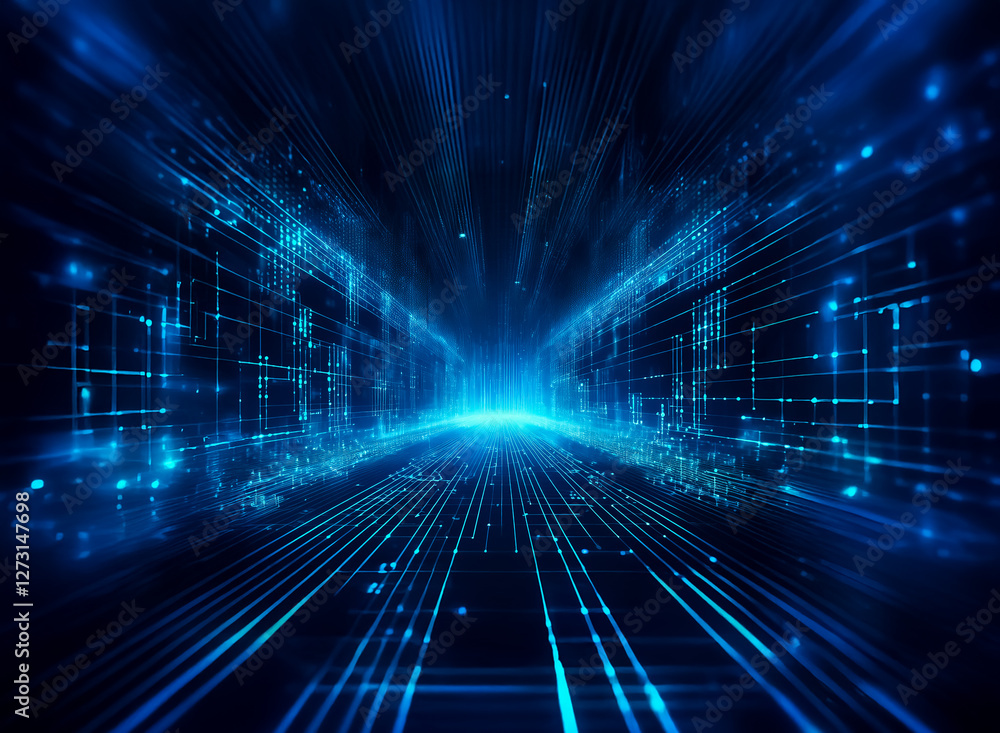 Abstract blue digital tunnel with converging light rays creates a futuristic perspective. Dynamic and technological visual. Abstract blue digital tunnel with converging light rays creates a futuristic perspective. Dynamic and technological visual.