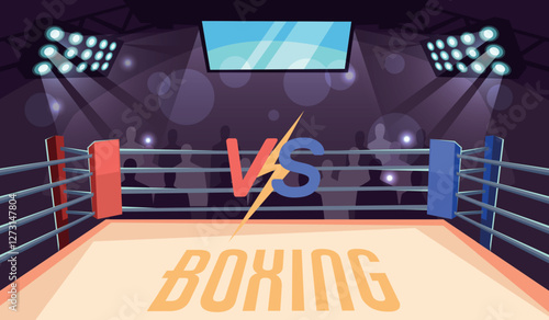Boxing ring. Competition or tournament banner background. Empty auditorium, vs fighting arena. Professional sport. Playground and fences on spotlight. Cartoon flat isolated vector concept