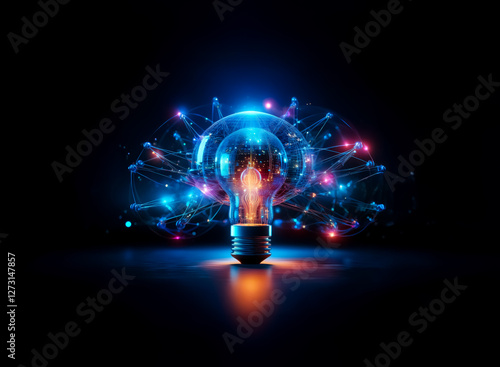 Wallpaper Mural A glowing light bulb illuminates the dark with bright lines connecting like a neural network, forming a brain shape.  Symbolizing ideas, innovation, and intelligence. Torontodigital.ca