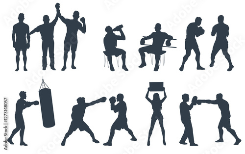 Boxer silhouette set. Professional boxers, men sparring, sport championship and competition. Kickboxing tournament. Strong fighter in gloves. People athlete. Vector isolated set