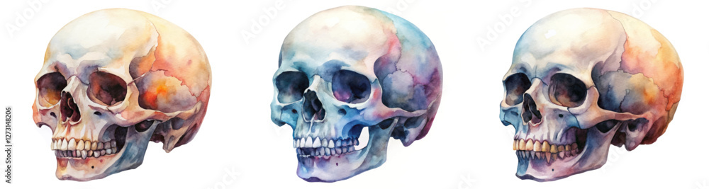 Obraz premium Watercolor skull illustrations, anatomical study, artistic rendering, vibrant colors, educational purpose, detailed anatomy.