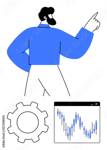 Businessperson pointing upwards, large gear icon and a financial chart with candlestick patterns. Ideal for business growth, financial advice, investment strategies, productivity tools, economic