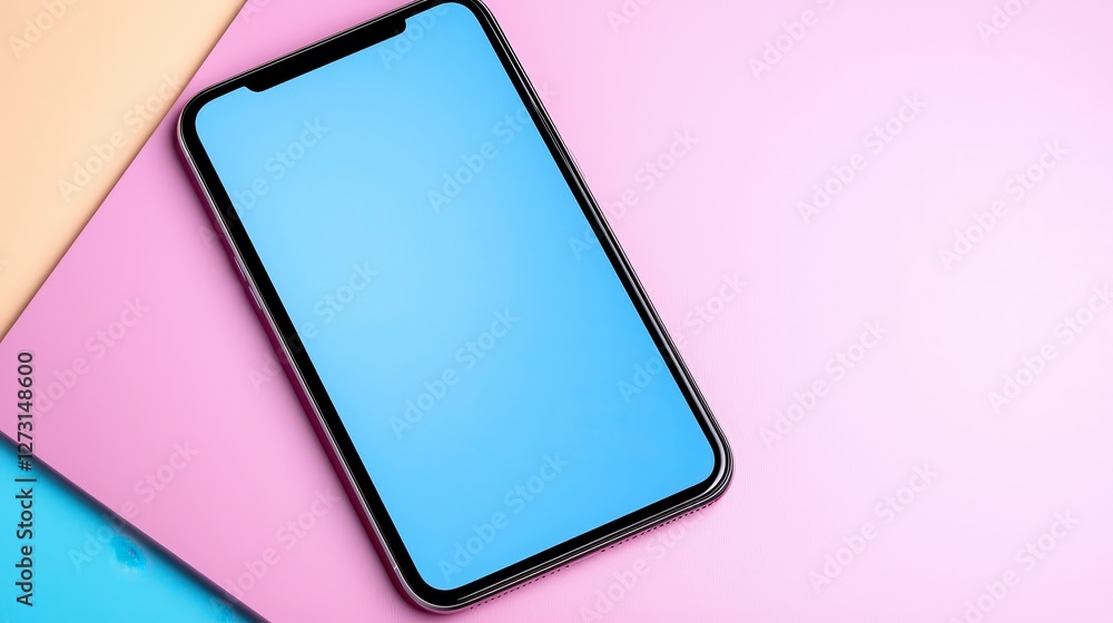 Single black phone elegantly positioned on a creative pink and blue background highlighting chic and modern aesthetics Single black phone elegantly positioned on a creative pink and blue background highlighting chic and modern aesthetics