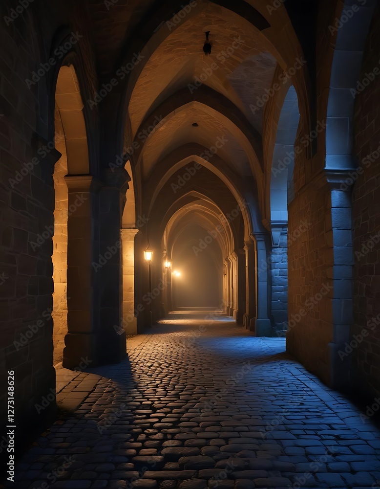 Fototapeta premium A dimly lit stone arched passageway at night