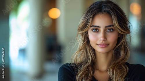 Woman smiling, indoor portrait, blurred background, website profile Free Download Woman smiling, indoor portrait, blurred background, website profile - GFXLoad