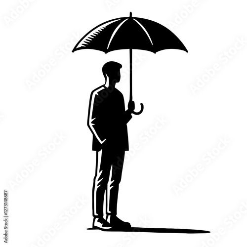 Stylish man standing under an umbrella with a thoughtful expression against a minimalistic background