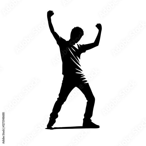 Young man celebrating with joy and excitement in a victorious pose against a plain background