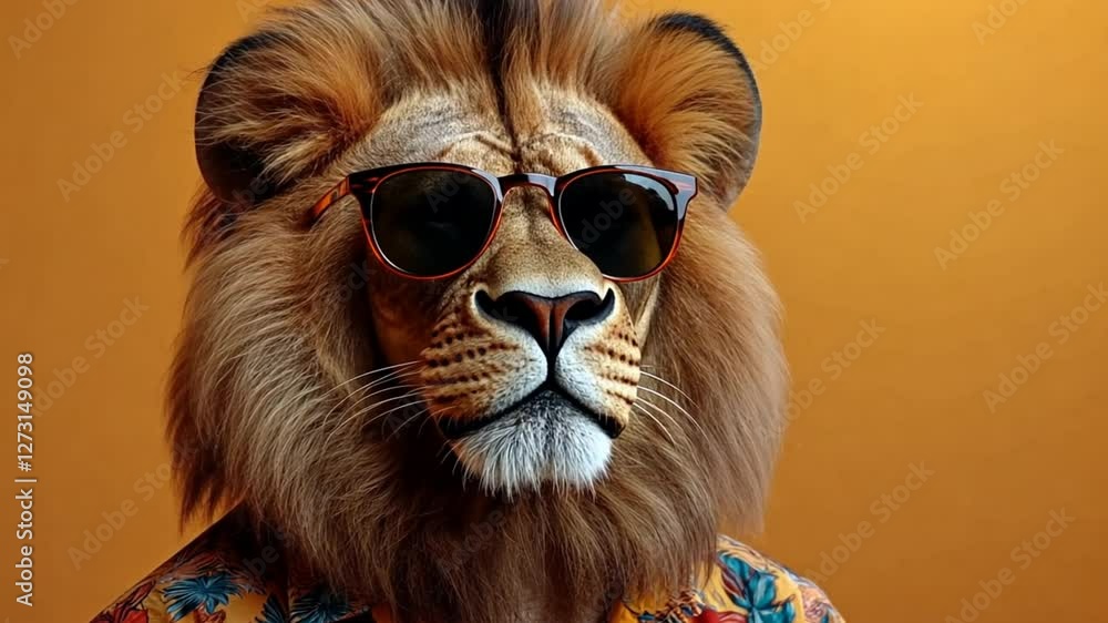 Cool Lion in Shades: This photorealistic image of a lion embodies an intriguing juxtaposition of majesty and modern cool, sporting stylish sunglasses and a trendy button-up shirt. Cool Lion in Shades: This photorealistic image of a lion embodies an intriguing juxtaposition of majesty and modern cool, sporting stylish sunglasses and a trendy button-up shirt.
