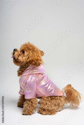 Ginger dog of the Maltese breed in a jacket