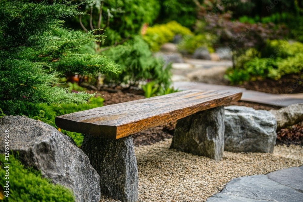 Rustic Wooden Bench in a Serene Garden Setting Rustic Wooden Bench in a Serene Garden Setting