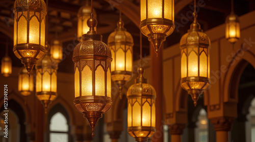 Beautifully crafted golden Islamic lanterns casting warm light for Ramadan ambiance