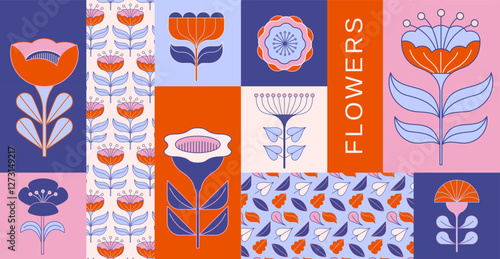 Geometric flowers collection, Nordic, Scandinavian style flowers illustrations. Red, blue modern flowers design