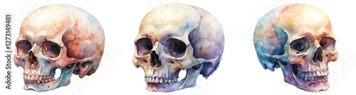 Watercolor skull illustrations, artistic anatomy study, vibrant colors, educational art, anatomical reference.