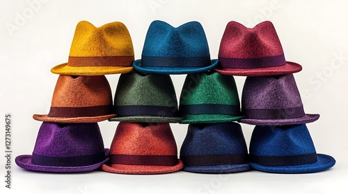 A series of neatly stacked hats in rainbow hues, gradient arrangement transitioning from warm to cool colors, soft ambient lighting with subtle reflections, pristine white background, orderly
