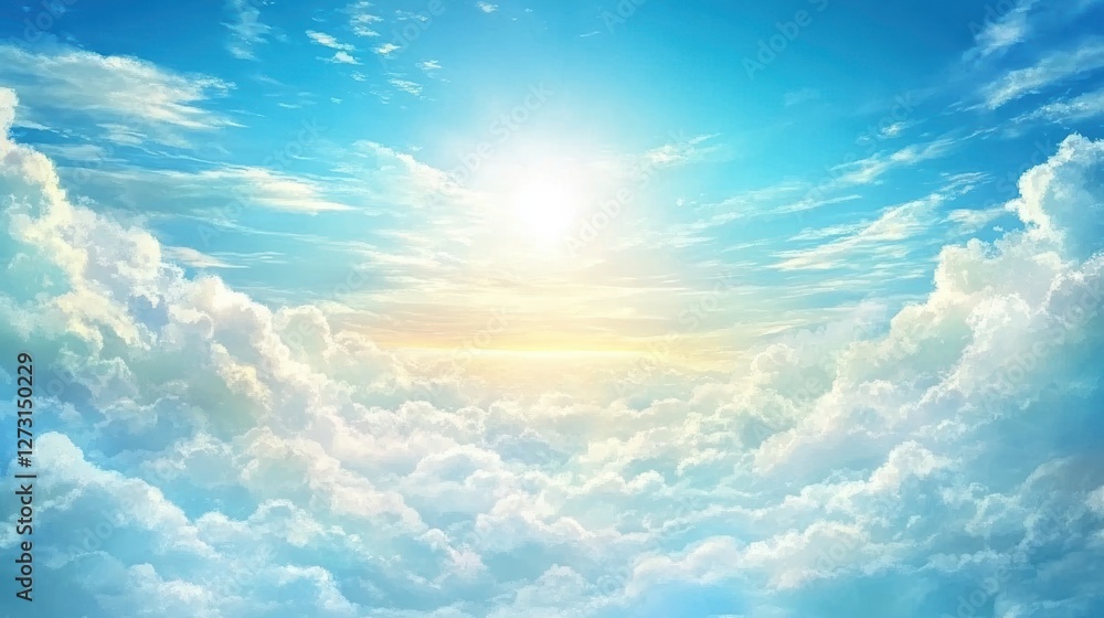 Vibrant blue sky with soft clouds illuminated by sunlight, creating a serene and uplifting atmosphere, Ideal for backgrounds in nature-themed projects, wellness promotions, or inspirational designs,