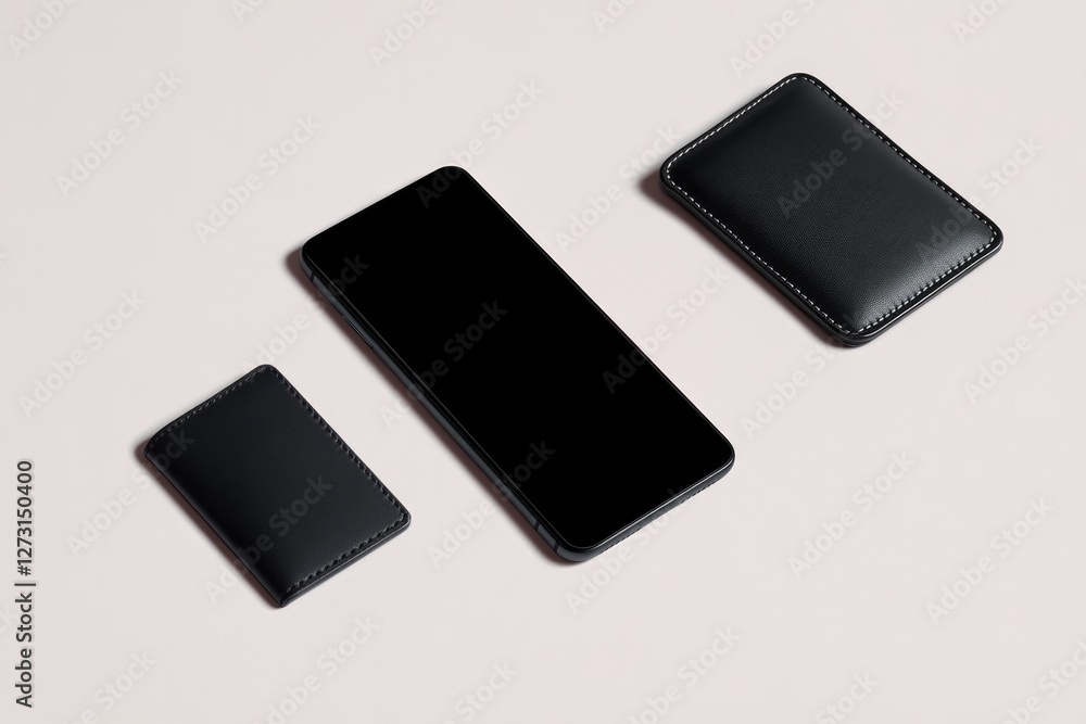 Sleek, minimalist design showcases three black devices on soft s Sleek, minimalist design showcases three black devices on soft s