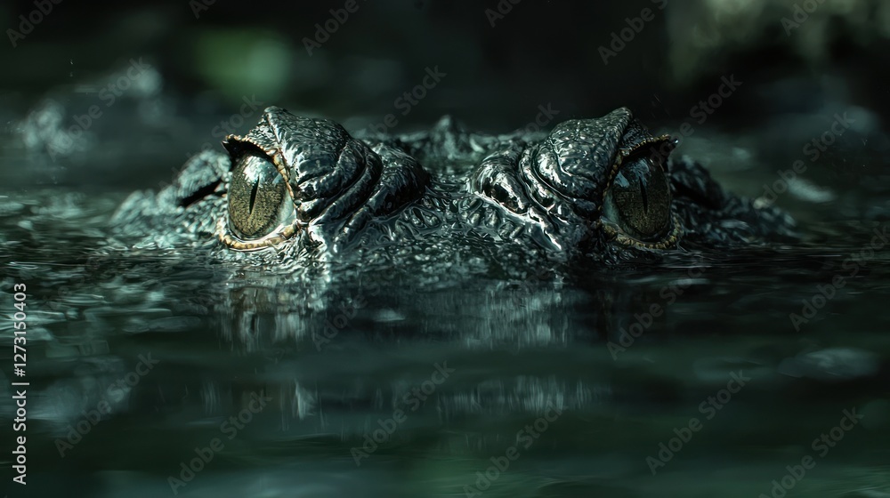 Fototapeta premium A crocodile emerging from the water with only its eyes visible above the surface