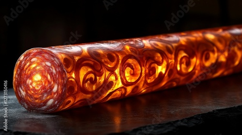 A glowing, ornate glass rod with swirling patterns, illuminated from within.